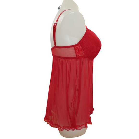 Passion Forever Red Lace Mesh Babydoll Plus Size 1X | Romantic Flirty Lingerie - Picture 5 of 10